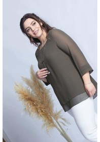 Resim 1934 Haki Kolye Yakalı Şifon Büyük Beden Şık Bluz Haki 