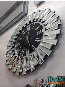 Resim Güneş Silver Jet Black Gümüş Siyah 85 Cm Dekor Aynalı Duvar Saati 