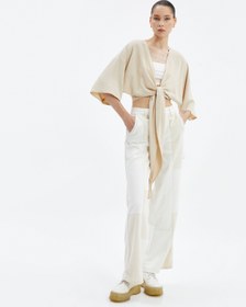 Resim Crop Kimono Oversize Kısa Geniş Kollu Kruvaze Önü Bağlamalı 