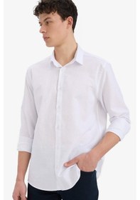 Resim DeFacto Regular Fit Polo Yaka Keten Yazlık Uzun Kollu Beyaz Gömlek E1729AX25SPWT34 