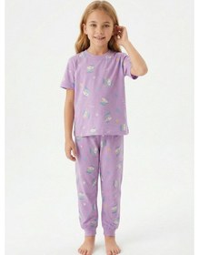 Resim Bunny Hopp Bunnyhopp Kız Çocuk Pijama Takımı Pamuk Unicorn Desenli Yazlık Kısa Kollu Lila 