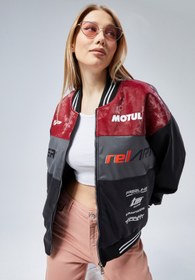 Resim CHOS7N Kadın Oversize Baskılı Motorcu Yarışçı Montu Kolej Ceketi 