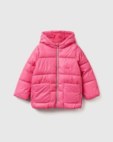 Resim Kız Bebek Logo İşlemeli Kapüşonlu Mont Fuşya 
