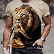 Resim Aslan Desenli T-shirt, Erkeklerin Yaz için Rahat Sokak Stili Esnek Yuvarlak Yaka Tişörtü 