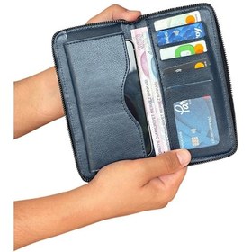 Resim Premium Serisi Lüks Deri Dikey Fermuarlı Telefon Bölmeli Cüzdan Kemer Kartlık Ve Bileklik Erkek Seti Lacivert 