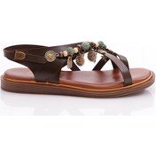 Resim Dgn 305 Kadin Yanlari Boncuk Detayli Sandalet 305-2178-R0878 Koyu Kahverengi 