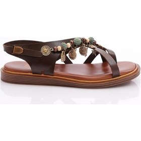 Resim Dgn 305 Kadin Yanlari Boncuk Detayli Sandalet 305-2178-R0878 Koyu Kahverengi 