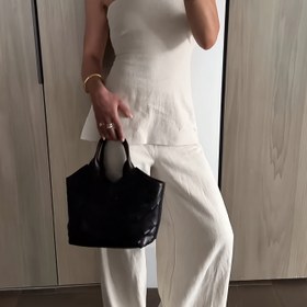 Resim Kadınlar İçin Yazlık Yeni Düz Renkli Askısız Kırpma Üst ve Rahat Bol Pantolon Takımı İki Parça 