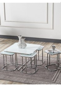 Resim Pelikan 4+1 Beyaz Temperli Cam Gümüş Metal Ayak Takım Sehpa Sedaş Living Units Sehpa 