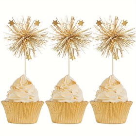 Resim 30 Adet Parlak Altın Folyo Havai Fişek Cupcake Süsleri - Doğum Günleri, Sevgililer Günü ve Daha Fazlası İçin Mükemmel - Tinsel Çiçek İçecek Karıştırıcıları ve Horoz Kuyruğu Kürdanları Dahil Cadılar Bayramı ve Noel 