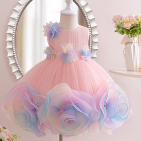 Resim 1 adet Bebek Şık Renkli Çiçek Baskılı Kolsuz File Elbise, Polyester Rayon Karışımı, Diz Boyu, Yuvarlak Yaka, Geometrik Desen, Resmi Durum/Düğün Partisi/Fotoğrafçılık Elbisesi Kızlar için 12 Ay ve Üzeri 