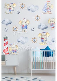 Resim MSticker Kaptan Fil Ve Arkadaşları Sevimli Çocuk Bebek Odası Sticker Seti, Cam Duvar Sticker Çocuk Odası 