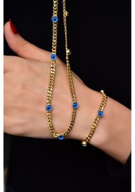 Resim Papatya Silver 925 Ayar Gümüş Gold Kaplama Cam Göz Zincir Kolye ve Bileklik Set 