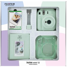 Resim Fujifilm Instax Mini 12 Fotoğraf Makinesi + 10'lu Film + Simli Pleksi Kılıf + Pvc Albüm + Kıskaçlı Resim Standı Yeşil 