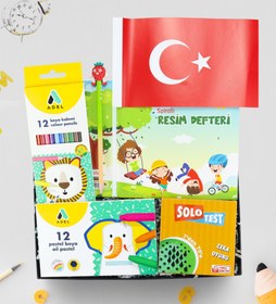 Resim Resim Defteri & Adel Boya Kalemi & Pastel Boya & Solo Test & Figürlü Kurşun Kalem & Bayrak Hediye Seti 