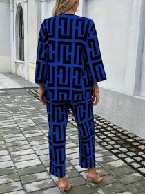 Resim Cottonlab Kadın Uzun Kollu Önü Açık Desenli Iki Iplik Ceket Ve Pantolon Ikili Takım Saks Mavi 