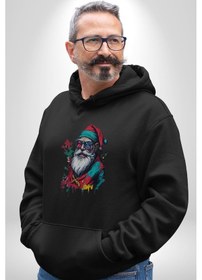 Resim Renkli Noel Baba Yeni Nesil Gözlüklü Kadın Erkek Siyah Kapüşonlu Sweatshirt Hoodie Siyah 