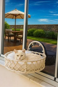 Resim Tasaryum Kedi ve Köpek El Örgüsü Vantuzlu Cam Yatağı Kedi Hamağı Puf MinderliKrem 