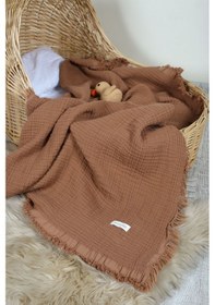 Resim Müslin Püsküllü 4 Katlı Müslin Battaniye 90x120 Cm - Ze4katlı Kahverengi 