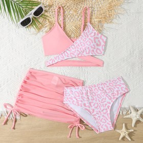 Resim Yüksek Bel Bikini Üstü, V Yaka Sarong ve Etek - Yaz için mükemmel, şık pembe leopar desenli, esnek polyester karışımı 