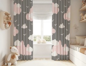 Resim Halı Vagonu HV326 Pembe Bulutlu Desen Çocuk Odası Kadife Kumaş Fon Perde - 70x300 / Çift Kanat 