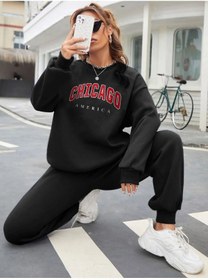 Resim LAND MODA Kadın Çhikago Baskılı Sweatshirt Eşofman Alt Üst Takımı 