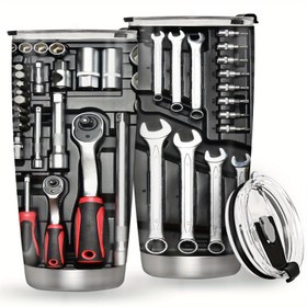 Resim 1 adet Mekanik Alet Kutusu Tasarımlı Tumbler Kapaklı - 20oz Paslanmaz Çelik İzole Seyahat Kupası, Sızdırmaz, BPA İçermez, Yuvarlak Şekil, Yürüyüş ve Araba Bardaklıkları için İdeal, Babalar Günü, Şükran Günü, Noel, Mezuniyet, Bağımsızlık Günü'nde Mekanik Hediyeleri için Harika 