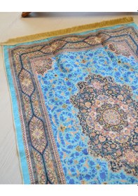 Resim Pratik Ve Taşınabilir İpek Dokulu Çantalı Seccade Halı Desenli Turkuaz- Fermuarlı Turkuaz 