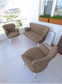 Resim Azra Mobilya Çay Seti Koltuk Takımı - Keten Kumaş - Beyaz Ahşap Ayak - Gürgen Iskelet - Kahverengi Kahverengi 