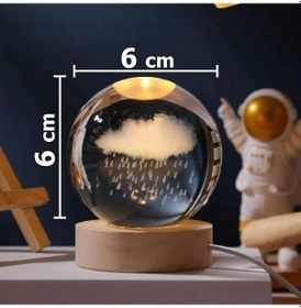 Resim Büro Ev Ofis Dekoru İçin 6cm Ahşap Altlıklı Yağmur Bulutu Işıklı Cam Küre Sarı Işık 