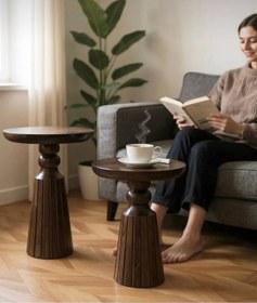 Resim AYLESA Doğal Ahşap 2’li Set Mantar Yan Sehpa Modern Ceviz Renk Fiskos Zigon Çiçeklik 