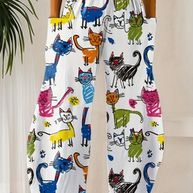 Resim Kadın Yüksek Bel Kedi Sanatı Baskılı Geniş Bacaklı Pantolon - Canlı Renkli Tasarım, Rahat Konfor, Makinede Yıkanabilir Tüm Mevsim Pantolonları Cep ile, Eğlenceli Kıyafet | Eğlenceli Tasarım | Rahat Giyim 