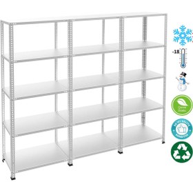 Resim RafBurada 5 Katlı 3'lü Bitişik Paslanmaz Krom Raf - Inox Soğuk Oda Rafı, Buzhane Rafı 59x75 cm-150 cm-1.00 mm 