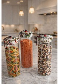 Resim Morponi 3'lü Borosilikat Cam Etnik Desenli Kumaaş Kapaklı Kavanoz Seti 1000 Ml Şeffaf 