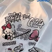 Resim Hello Kitty Baskılı Tişört, Kısa Kollu Yuvarlak Yaka Günlük Üst Yaz ve İlkbahar için, Kadın Giyim 