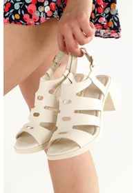 Resim Edisa Ekru Beyaz Hakiki Deri Çok Bantlı Sandalet Kalın Hafif Topuklu Ayakkabı Ekru 