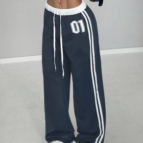 Resim Kadınlar için Lacivert & Beyaz '01' Baskılı Atletik Jogger Pantolon - Elastik Bel ve İpli, Geniş Paça Rahat Fit Her Mevsim İçin Sokak Giyimi, Makinede Yıkanabilir, Koşu Pantolonları, Dayanıklı Spor Kıyafet 