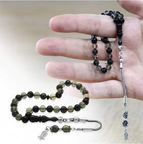 Resim Tesbihname Ateş Kehribar Tesbih - 925 Ayar Gümüş Püsküllü - Bilek Boy - Siyah Beyaz Renk - Küre Kesim Çok Renkli 