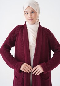 Resim lovebox Kadın Bordo Triko Kumaş Çift Cep Tasarım Şal Yaka Uzun Tesettür Giyim Hırka 5001 