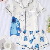 Resim Resmi Lisanslı Stitch Karakter Baskılı Rahat Yumuşak Üst + Şort İki Parça Kadın Takımı 