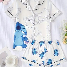 Resim Resmi Lisanslı Stitch Karakter Baskılı Rahat Yumuşak Üst + Şort İki Parça Kadın Takımı 