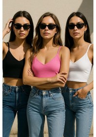 Resim Kadın 3'lü Paket Siyah Beyaz Pembe Kısa Crop İp Askılı V Yaka Krop Bluz Büstiyer Çok Renkli 