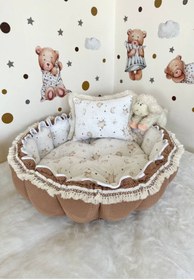 Resim Yuvarlak Yatak/oyun Minderi Ve Yastigi Kahve Pike Puskullu 