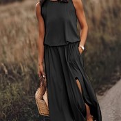 Resim Şık Kolsuz Maxi Elbise Fener Kollu ve Yan Yırtma ile - Hafif Polyester, Yuvarlak Yaka, Yaz Tatilleri için Mükemmel, Yetişkin Kadın Modası, Tatil Kıyafeti|Kolsuz Elbise|Polyester Kumaş 
