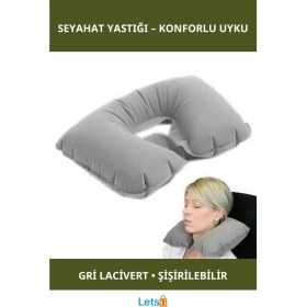 Resim Letsii Şişme Seyahat Yastığı Gri Lacivert Konforlu Uçuş Yastığı 