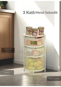 Resim 3 Katlı Sebzelik Açılır Metal Patates Soğan Sepeti Paslanmaz Meyvelik Organizer Sepet Krem Krem 