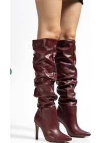 Resim Syt-2003 Bordo Cilt Körüklü İnce Topuklu Günlük Bayan Çizme Beyaz 