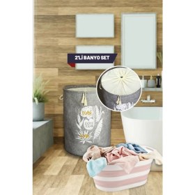 Resim Tubi Home 2'li Lüx Banyo Seti - Keçe Kapaklı Kirli Çamaşır Sepeti - Katlanabilir Akordiyon Çamaşır Sepeti 