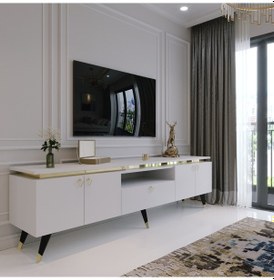 Resim Modern Tv Sehpası Gold Üçgen Kulp Kepli G0m24-1 Beyaz 35 Cm Derin 