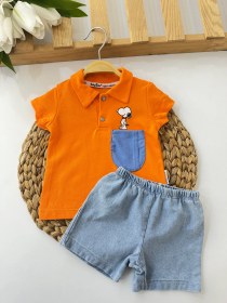 Resim Bebek Turuncu Snoopy Nakışlı Kot Şortlu Takım 